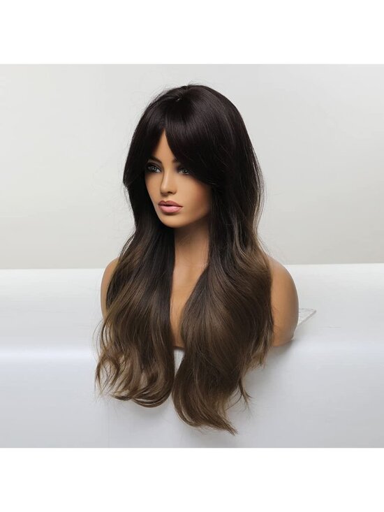Women Ombre Dark Brown Heat Resistant Long Curly Shoulder Length Synthetic Wigs